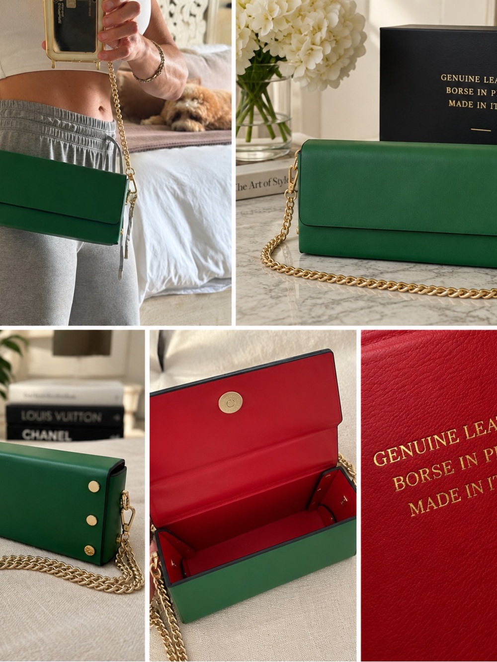 Italian genuine leather Green Leather Clutch with Gold Chain and Red Interior